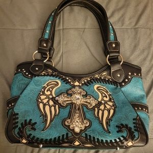 Western Antique Tooled Embroidered and Rhinestone Cross Angel Wings ShoulderBag